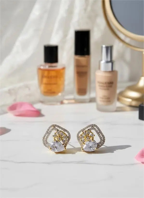 AD Earrings Gold Plated Teardrop Studded Square Design Coruscate Jewels