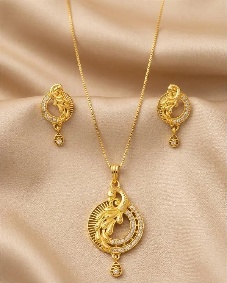 Gold Tone Pendant Set Golden Peacock Feather Coruscate Jewels