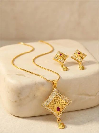 Gold Plated Pendant Set Ruby Drop Square Coruscate Jewels