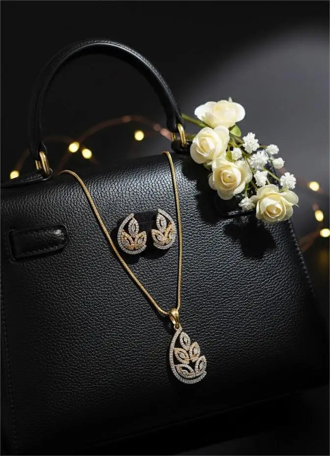 American Diamond Gold Plated -Golden Leaf Grace Pendant Set Coruscate Jewels
