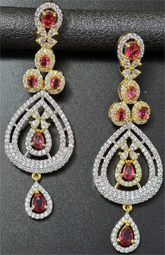 American Diamond Gold Plated Dual Teardrop Ruby Danglers Coruscate Jewels