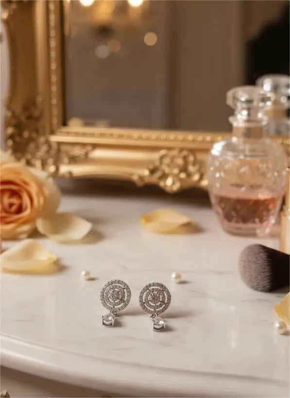 American Diamond Silver Plated Cocentric Drop Earrings Coruscate Jewels