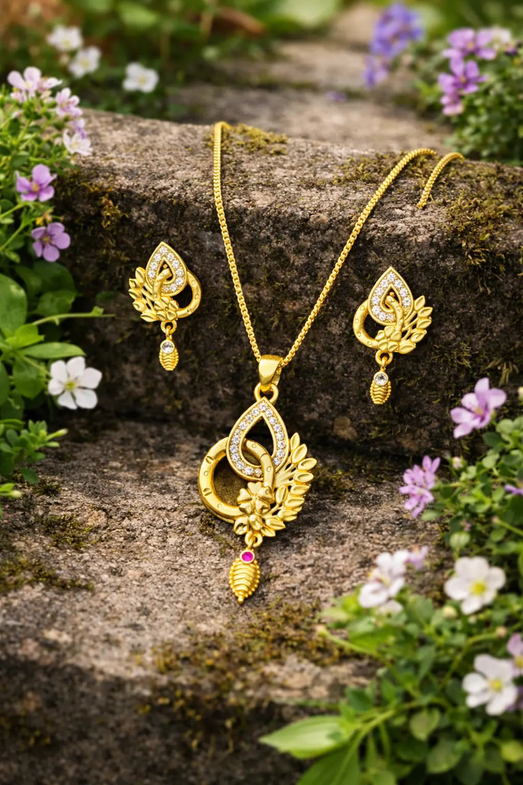 Leafy Golden Teardrop Gold-Plated Pendant Set Coruscate Jewels