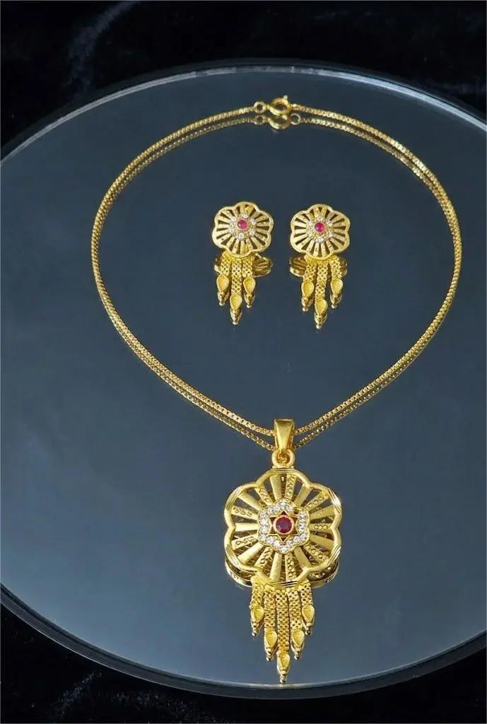 Gold-Plated Pendant Set Ruby Sunflower Cascade Coruscate Jewels