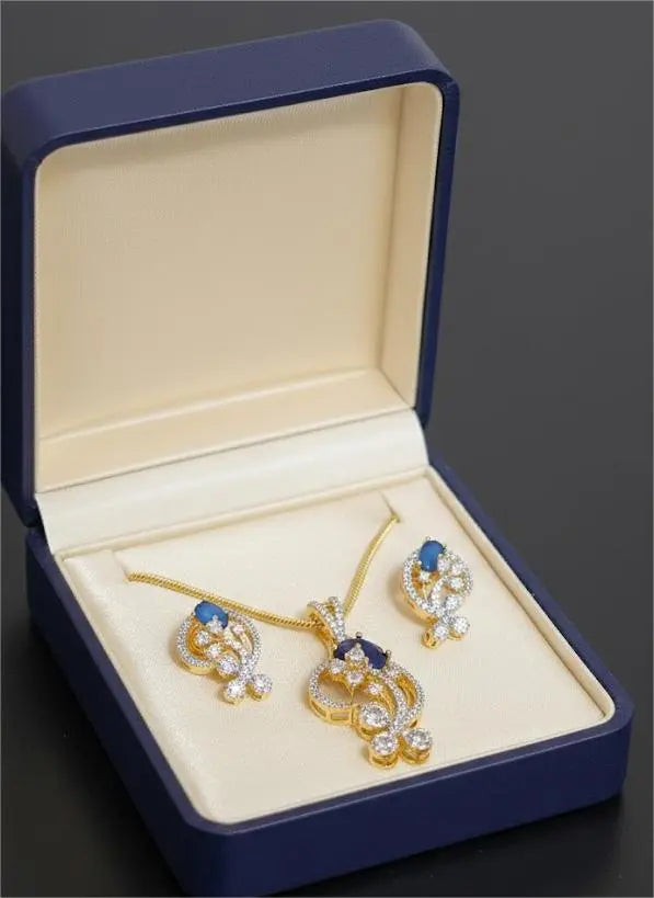 Gold Plated American Diamond Midnight Royale Pendant Set Coruscate Jewels