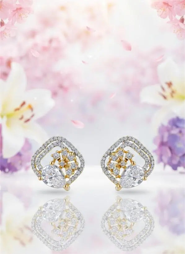 AD Earrings Gold Plated Teardrop Studded Square Design Coruscate Jewels