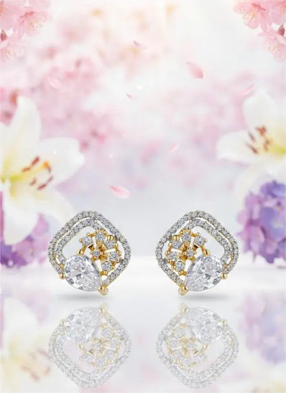 AD Earrings Gold Plated Teardrop Studded Square Design Coruscate Jewels