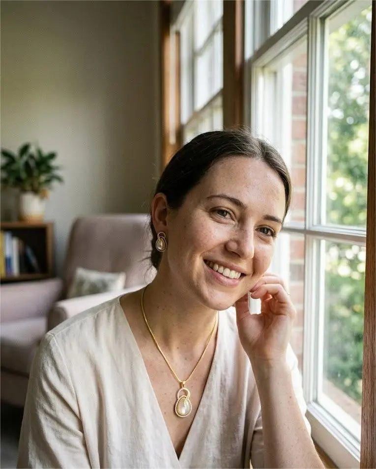 American Diamond Gold Plated Ivory Pearl Pendant Set Coruscate Jewels