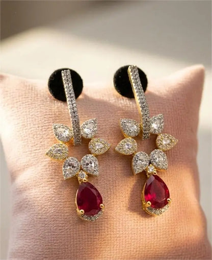 Ruby Red Drop & Crystal Bloom Dangler Coruscate Jewels