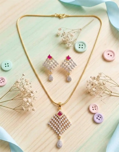 American Diamond Gold Plated Celeste Ruby Drop Pendent Set Coruscate Jewels
