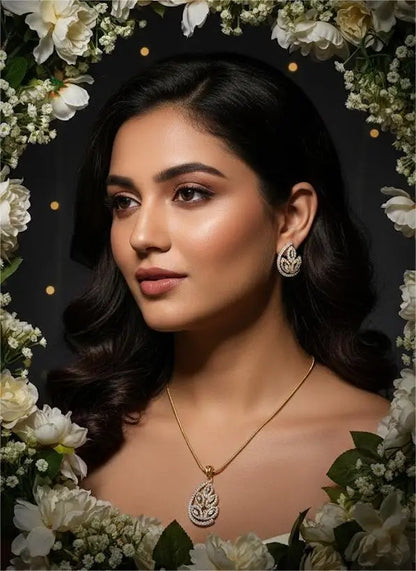 American Diamond Gold Plated -Golden Leaf Grace Pendant Set Coruscate Jewels