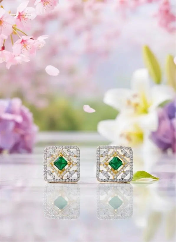 Gold-Plated American Diamond Green Stone Studded Earrings Coruscate Jewels