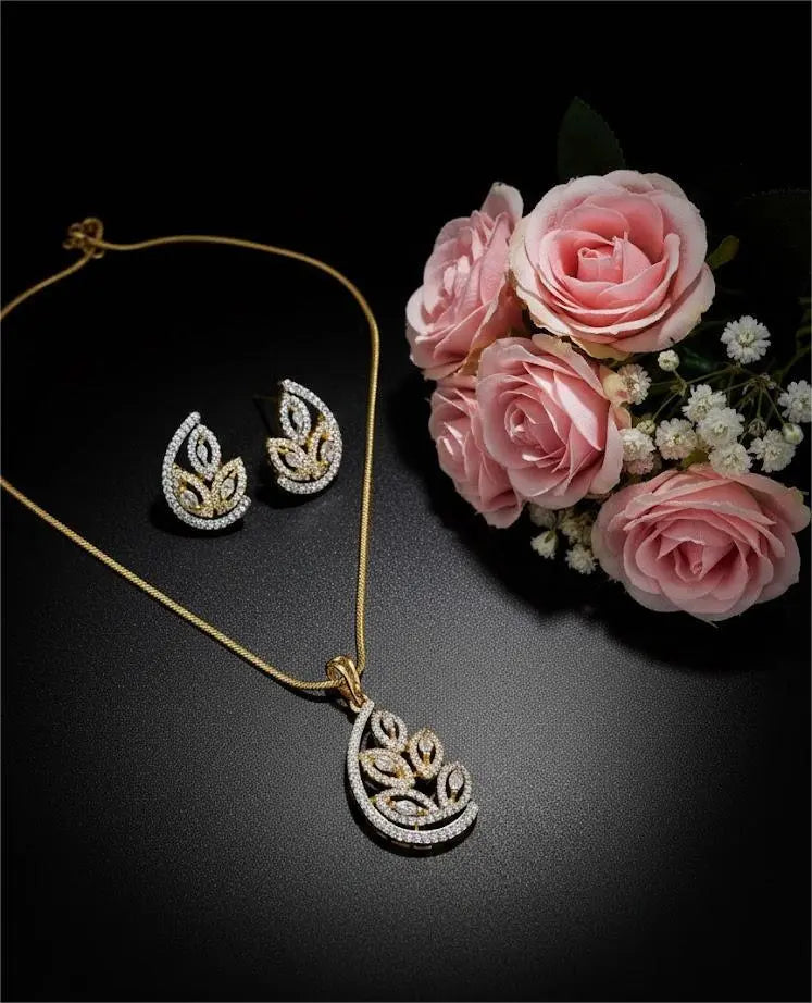American Diamond Gold Plated -Golden Leaf Grace Pendant Set Coruscate Jewels