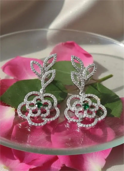 American Diamond Gold Plated Flower Leaf Danglers Coruscate Jewels