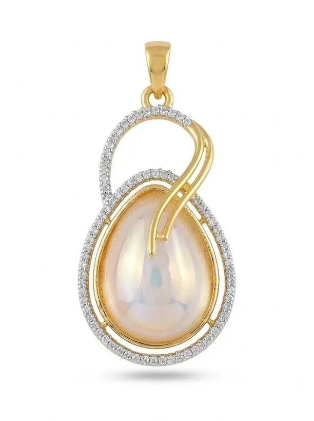 American Diamond Gold Plated Ivory Pearl Pendant Set Coruscate Jewels
