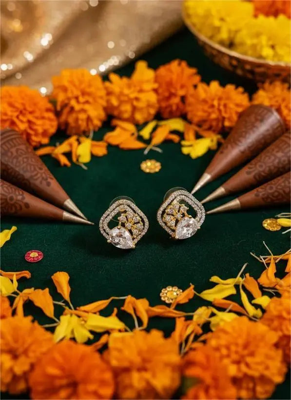 AD Earrings Gold Plated Teardrop Studded Square Design Coruscate Jewels