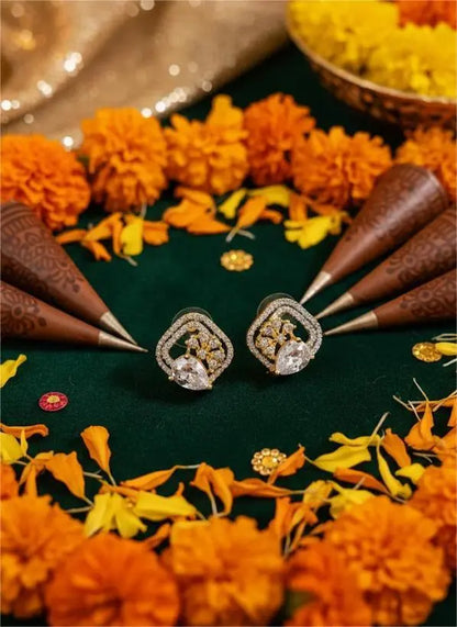 AD Earrings Gold Plated Teardrop Studded Square Design Coruscate Jewels