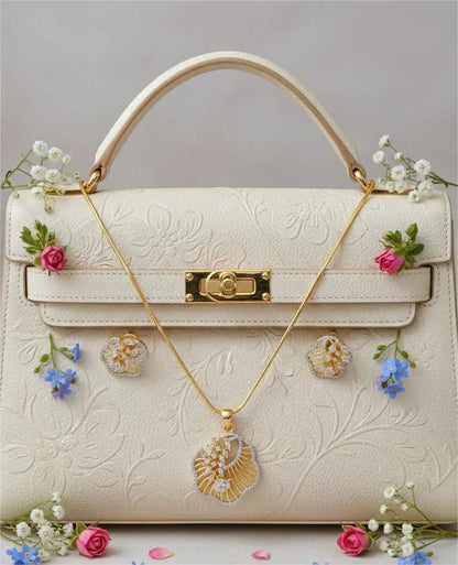 American Diamond Gold Plated Sea Shell Theme Pendant Set Coruscate Jewels