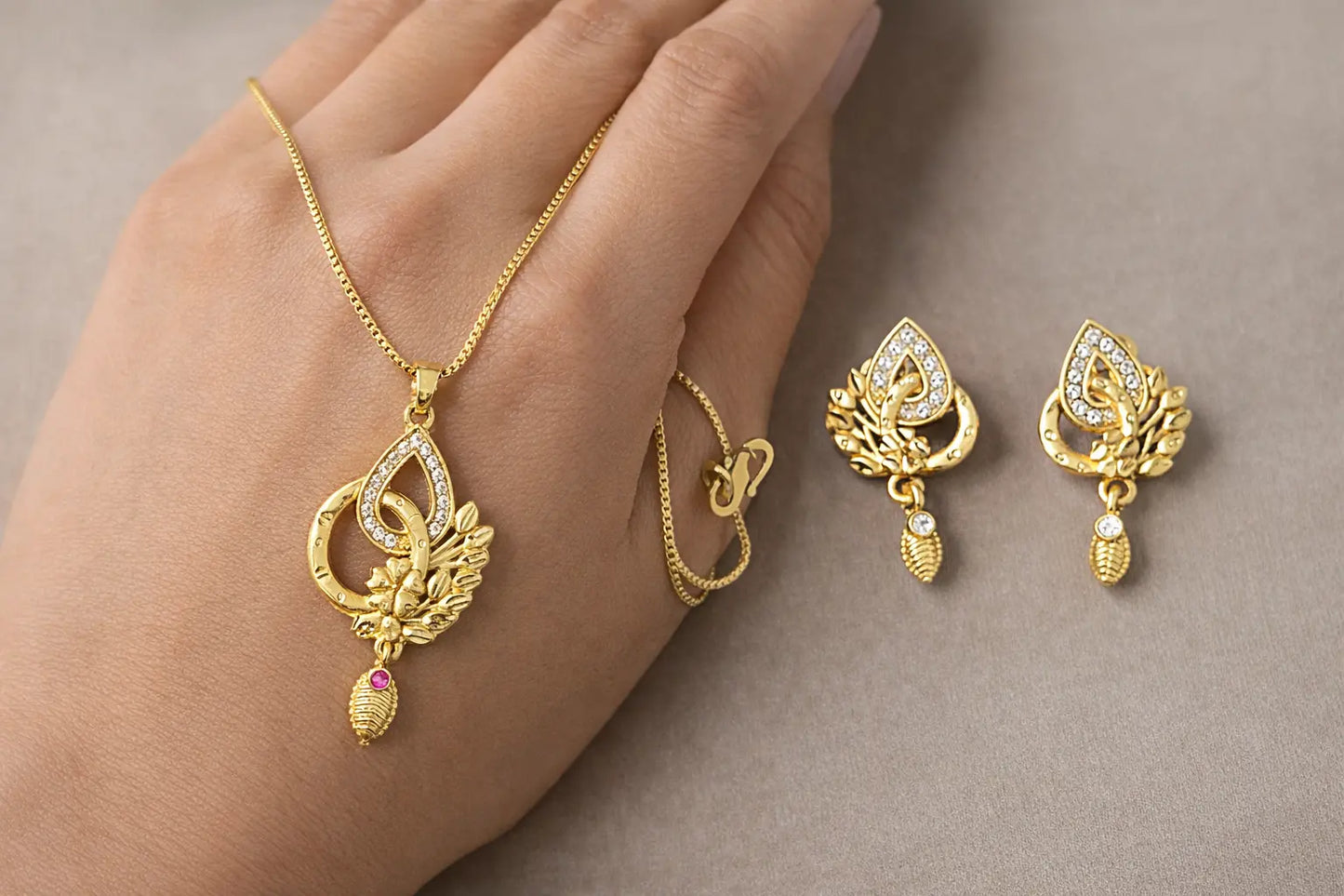 Leafy Golden Teardrop Gold-Plated Pendant Set Coruscate Jewels