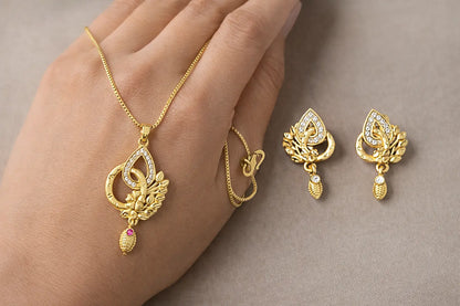 Leafy Golden Teardrop Gold-Plated Pendant Set Coruscate Jewels