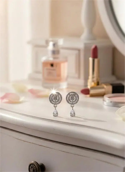American Diamond Silver Plated Cocentric Drop Earrings Coruscate Jewels