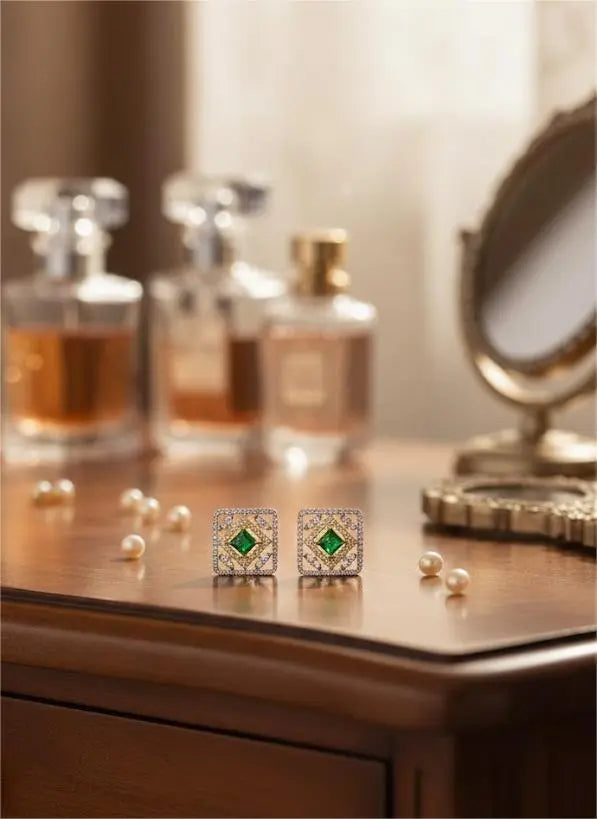 Gold-Plated American Diamond Green Stone Studded Earrings Coruscate Jewels