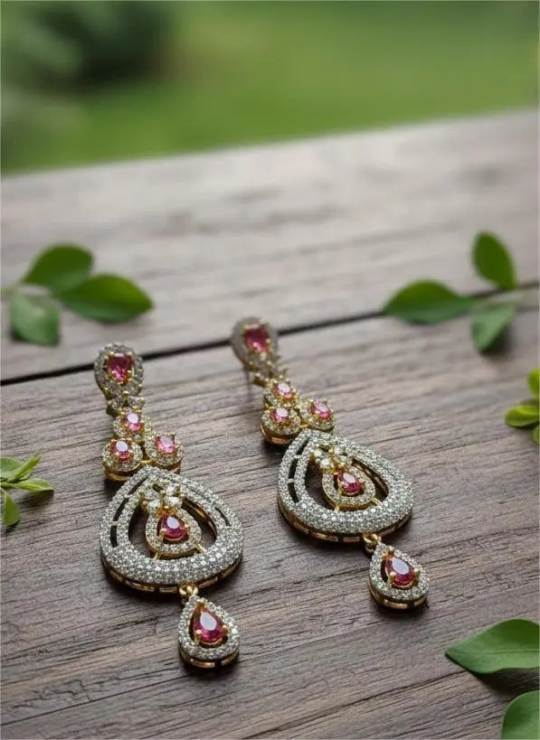 American Diamond Gold Plated Dual Teardrop Ruby Danglers Coruscate Jewels