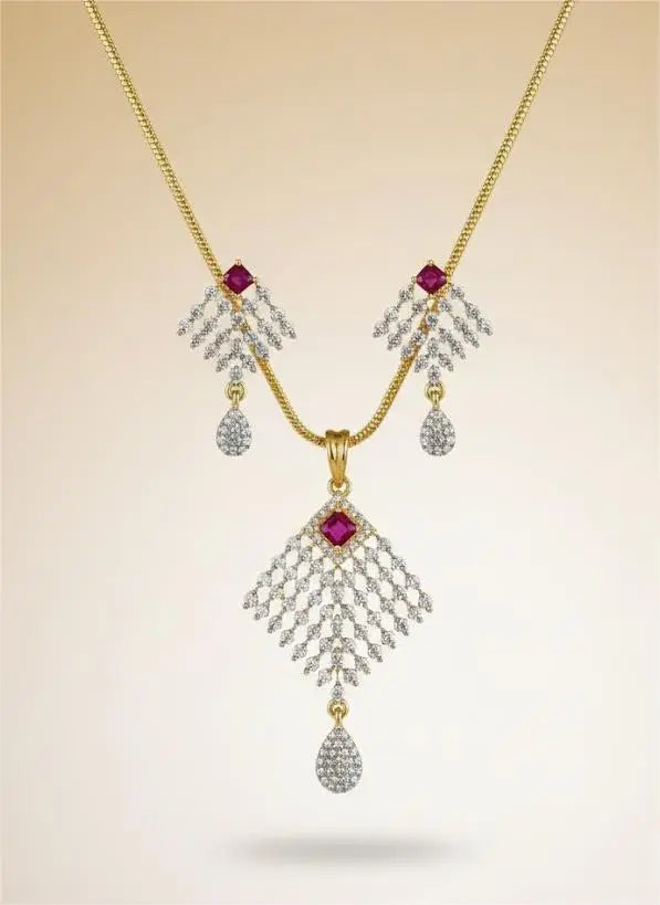 American Diamond Gold Plated Celeste Ruby Drop Pendent Set Coruscate Jewels