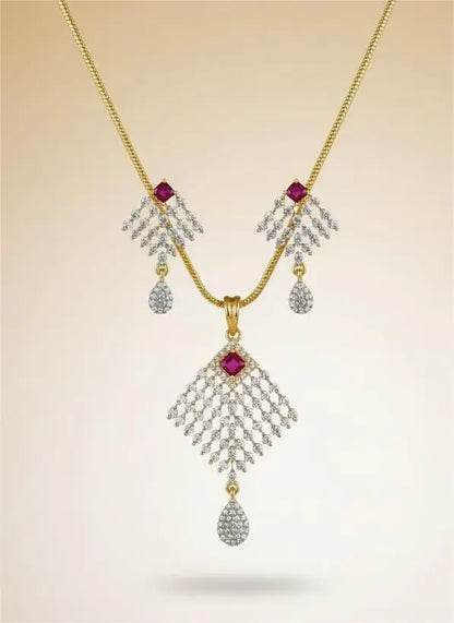 American Diamond Gold Plated Celeste Ruby Drop Pendent Set Coruscate Jewels