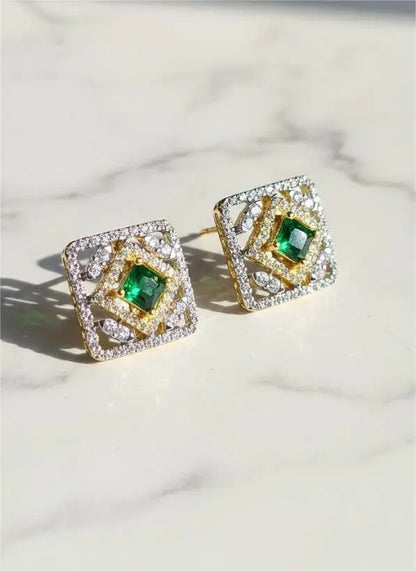 Gold-Plated American Diamond Green Stone Studded Earrings Coruscate Jewels