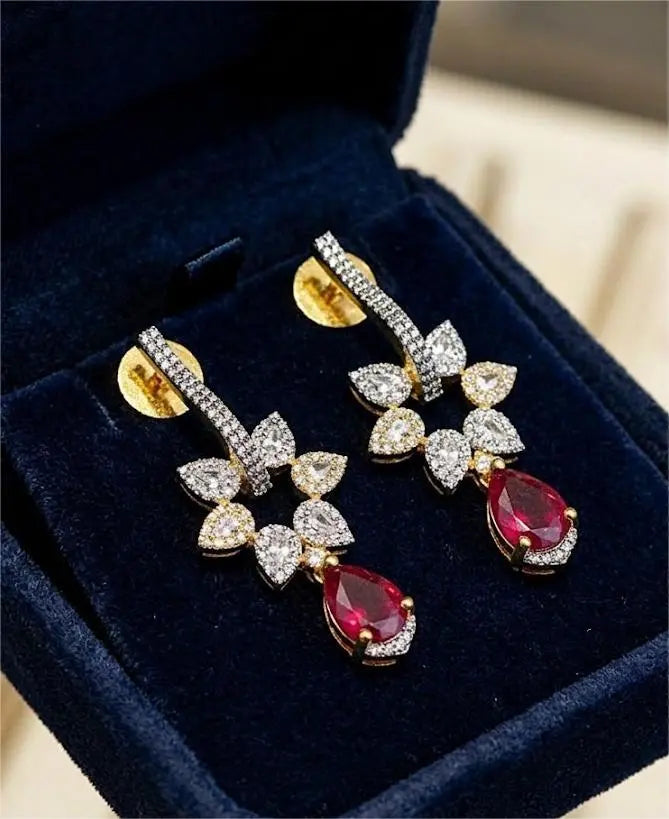 Ruby Red Drop & Crystal Bloom Dangler Coruscate Jewels