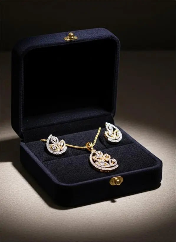 American Diamond Gold Plated -Golden Leaf Grace Pendant Set Coruscate Jewels