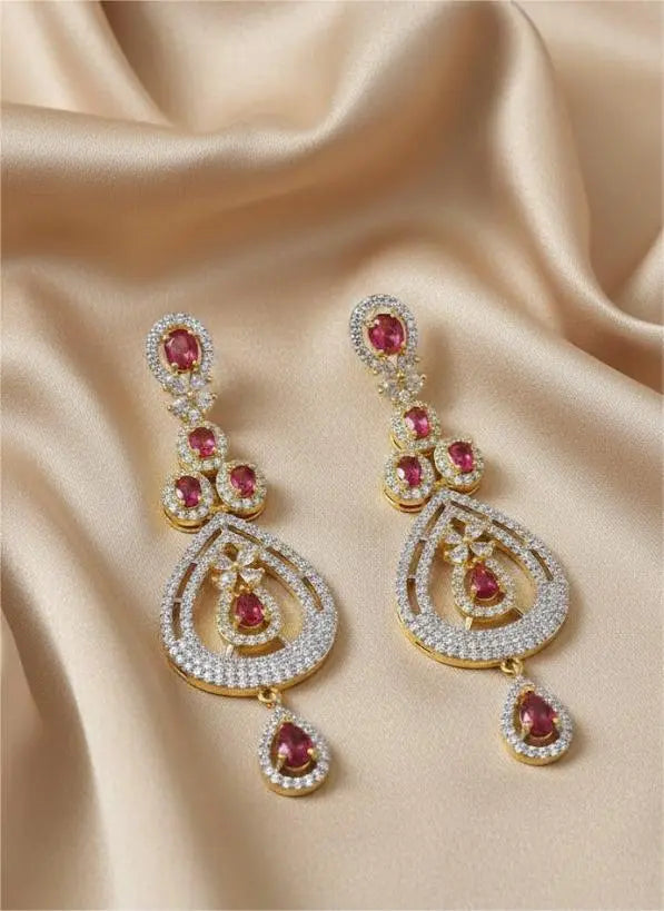 American Diamond Gold Plated Dual Teardrop Ruby Danglers Coruscate Jewels