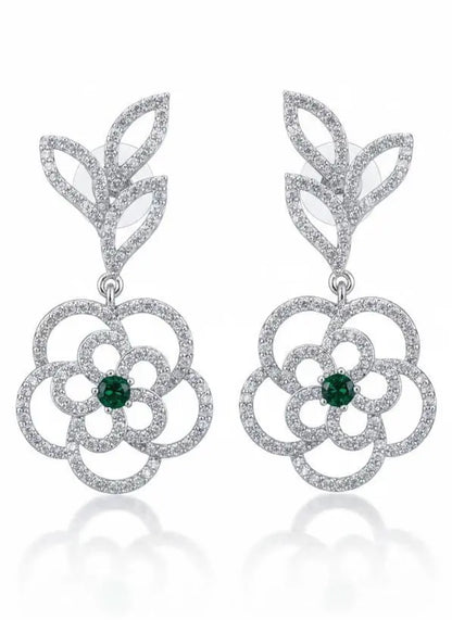 American Diamond Gold Plated Flower Leaf Danglers Coruscate Jewels