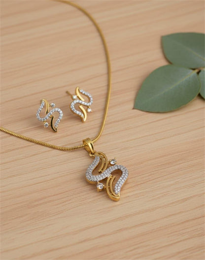 Gold Plated AD Necklace Snake Wave Pendant Set