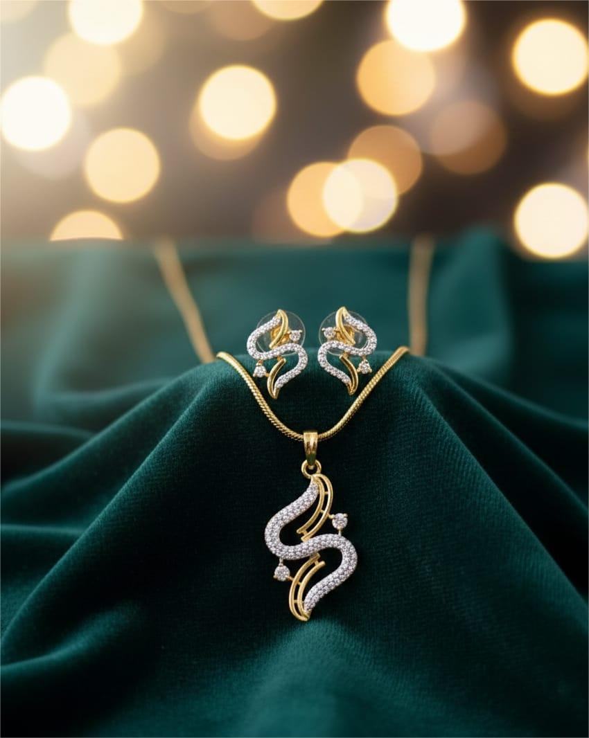 Gold Plated AD Necklace Snake Wave Pendant Set
