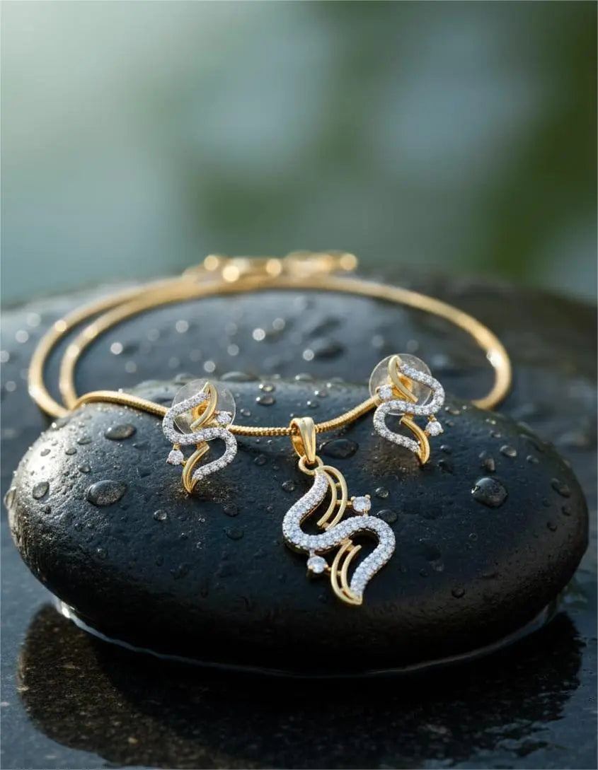 Gold Plated AD Necklace Snake Wave Pendant Set Coruscate Jewels