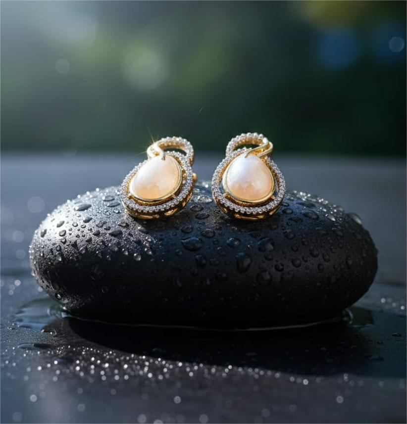 American Diamond Gold Plated Ivory Pearl Pendant Set