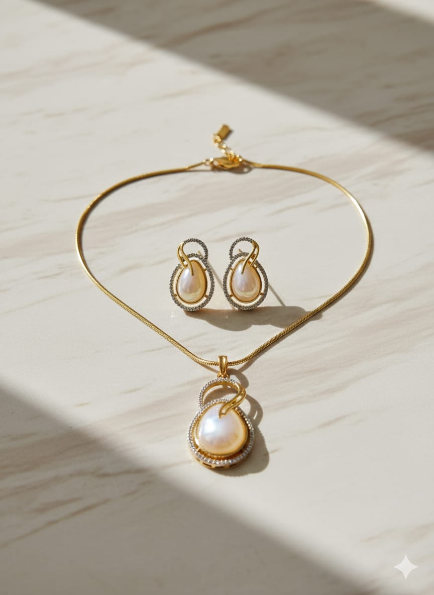American Diamond Gold Plated Ivory Pearl Pendant Set