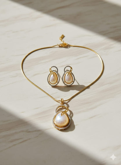 American Diamond Gold Plated Ivory Pearl Pendant Set