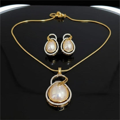 American Diamond Gold Plated Ivory Pearl Pendant Set