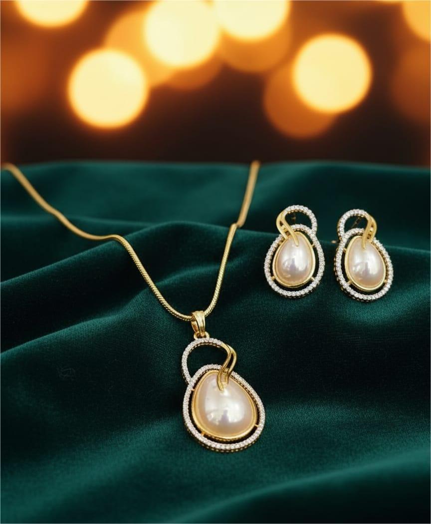 American Diamond Gold Plated Ivory Pearl Pendant Set