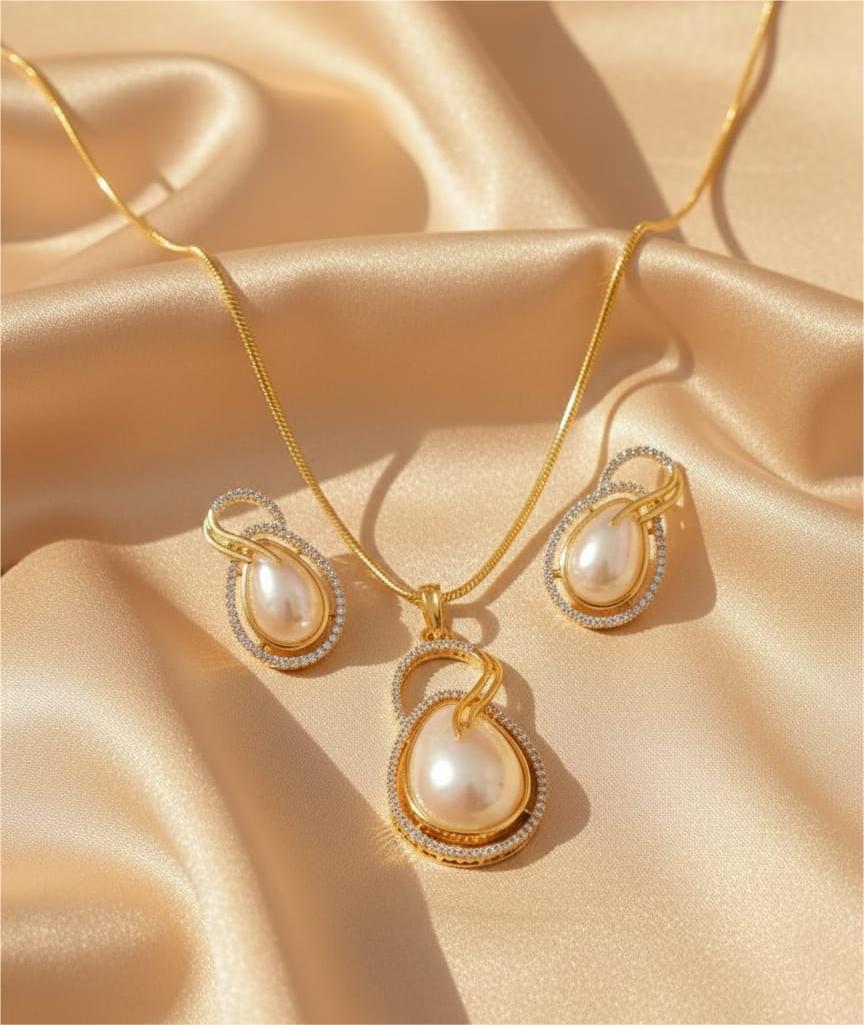 American Diamond Gold Plated Ivory Pearl Pendant Set