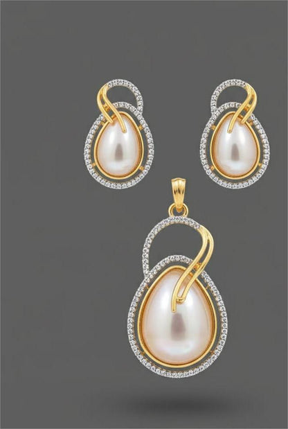 American Diamond Gold Plated Ivory Pearl Pendant Set