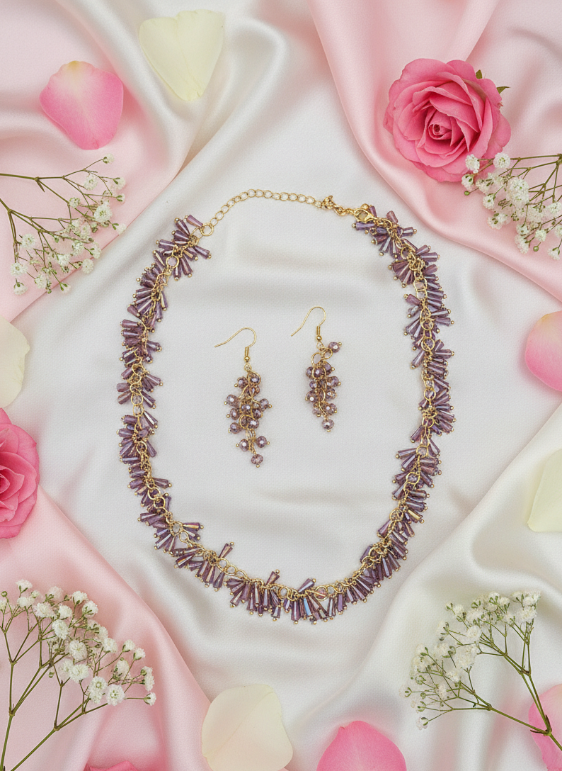 Beaded Purple Necklace Set with Earrings