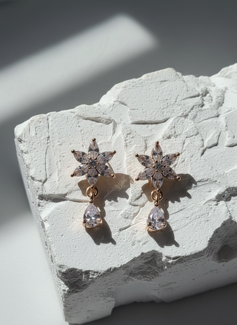 American Diamond Rose Gold Plated Star Teardrop Earrings