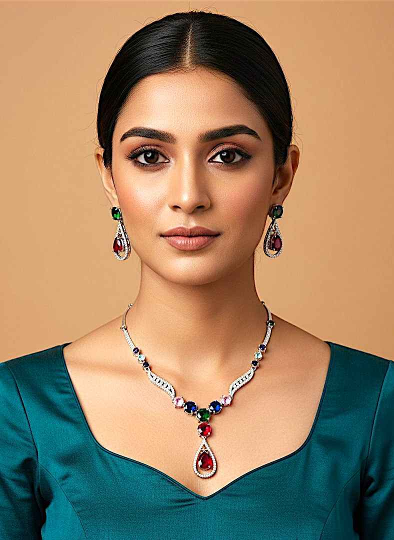 Silver-Plated American Diamond Royale Teardrop Multicolor Necklace Set