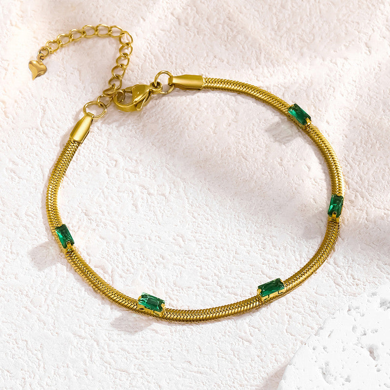 Snake Chain Green Emerald Studded Anti Tarnish Gold Plated