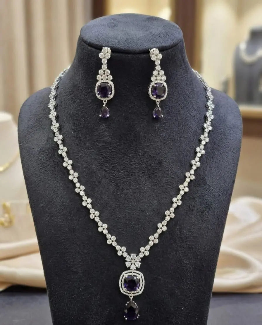 American Diamond Silver-Plated Cocentric Purple Silver Necklace Set Coruscate Jewels