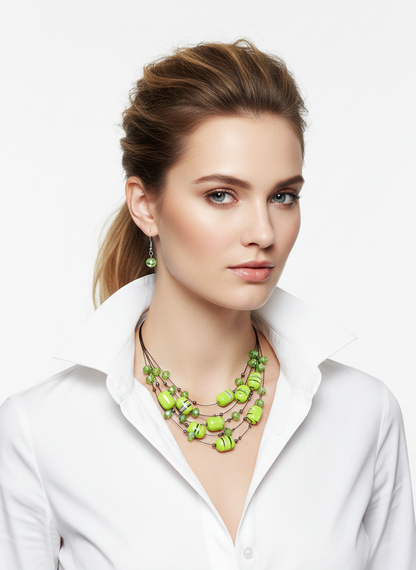 Green Striped Layered Beaded Necklace Set